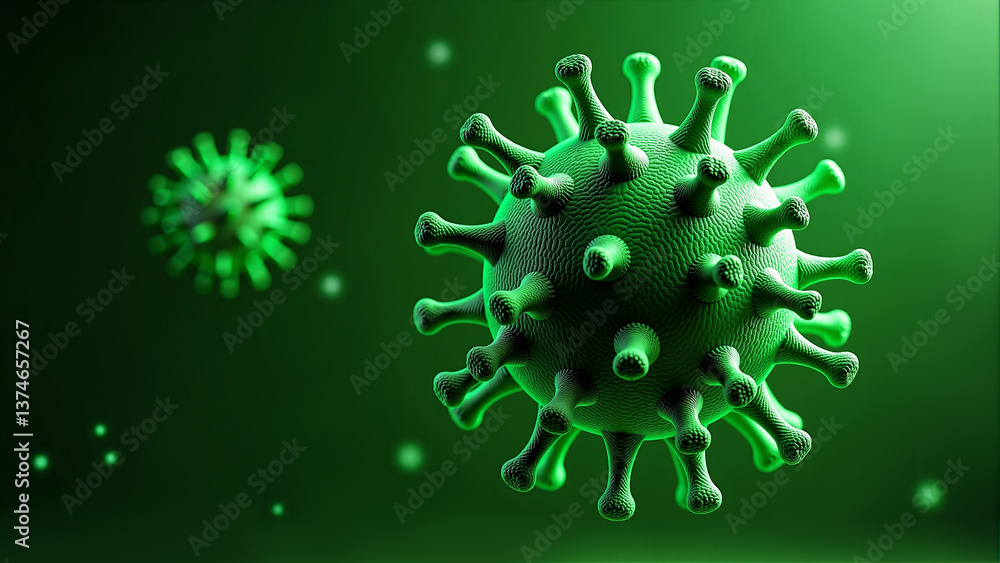 Green virus with spikes on a green background. AI generative.