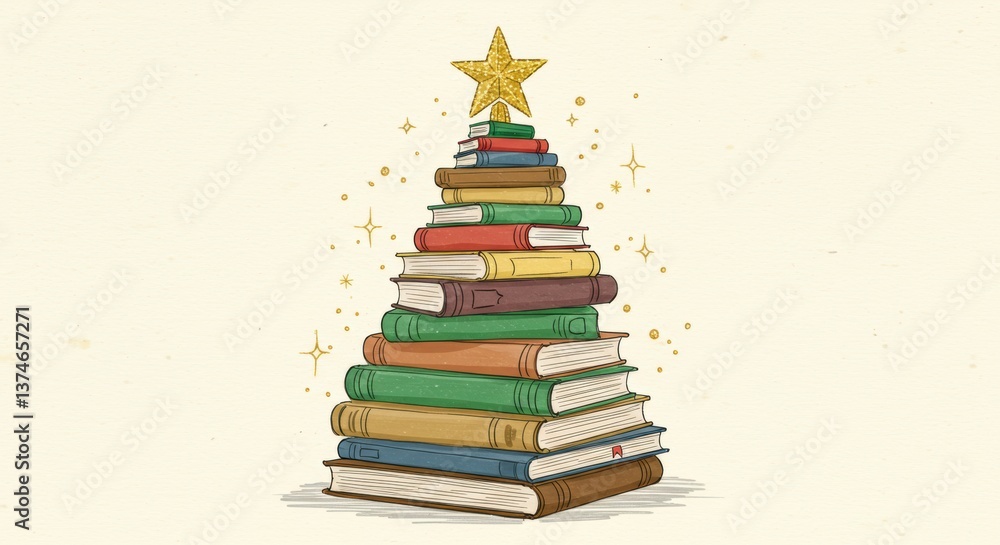 Festive book tree with star topper and sparkling accents Festive book tree with star topper and sparkling accents