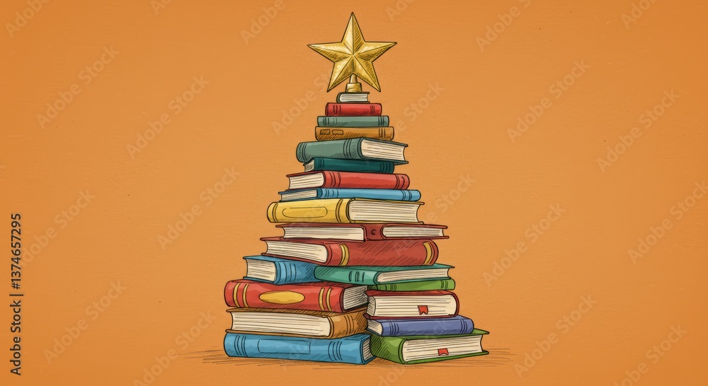 Creative christmas tree made of books with star on top against orange background Creative christmas tree made of books with star on top against orange background