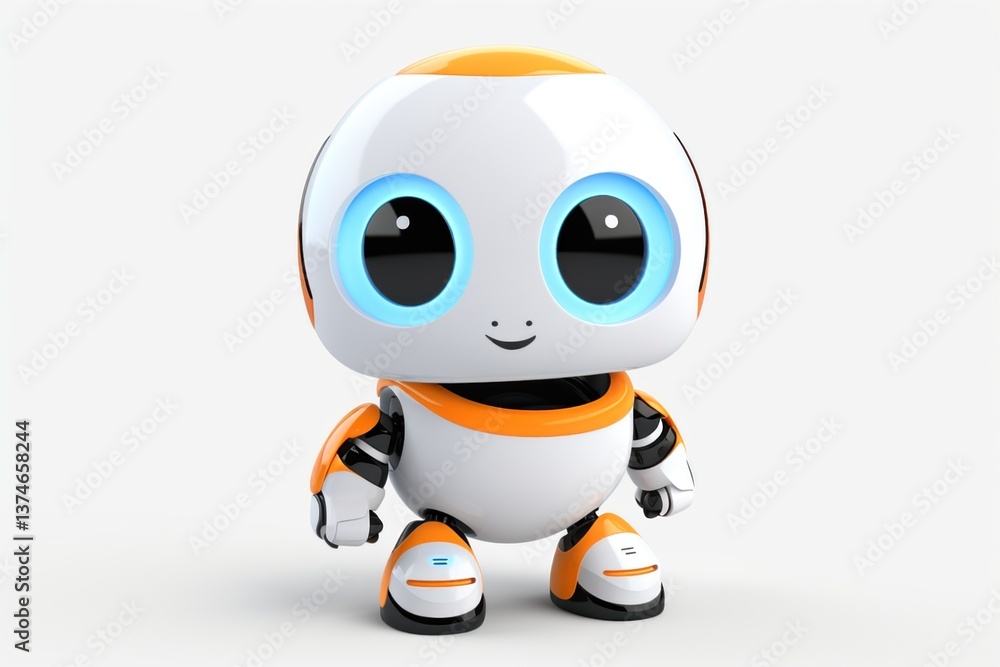 Striking orange and white toy robot with big eyes and black details stands out against a white background, showcasing its playful design Striking orange and white toy robot with big eyes and black details stands out against a white background, showcasing its playful design