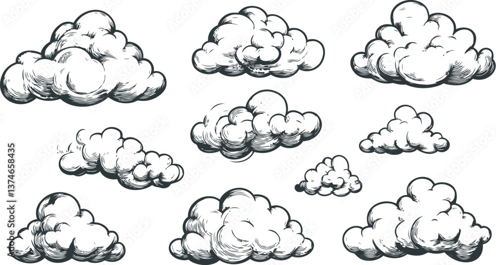 White fluffy clouds illustration black and white vector retro hand drawn style. Vector illustration White fluffy clouds illustration black and white vector retro hand drawn style. Vector illustration