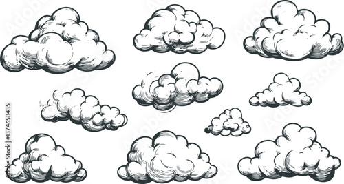 White fluffy clouds illustration black and white vector retro hand drawn style. Vector illustration