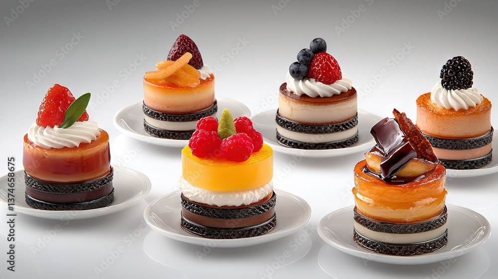 A cluster of petite treats arranged on a white platter, adorned with fresh fruits atop each one A cluster of petite treats arranged on a white platter, adorned with fresh fruits atop each one