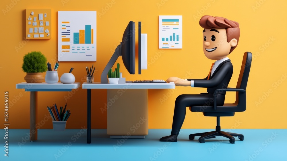 Happy businessman, illustrated as a 3d character, sitting at a desk and engaging in computer work and financial analysis, showcasing both front and back views of the office worker in modern workspace Happy businessman, illustrated as a 3d character, sitting at a desk and engaging in computer work and financial analysis, showcasing both front and back views of the office worker in modern workspace