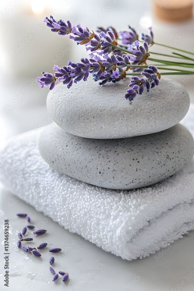 Relaxing spa setting with lavender and smooth stones for tranquility. Generative AI Relaxing spa setting with lavender and smooth stones for tranquility. Generative AI