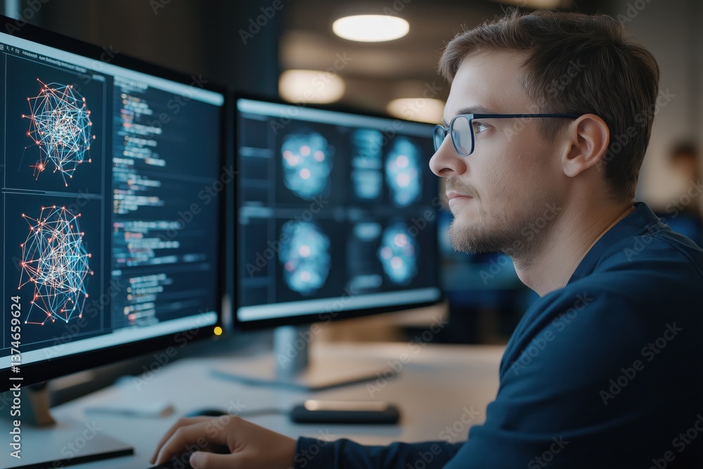 Young Developer Working on Artificial Intelligence Code and Neural Networks in Modern Office with Multiple Monitors Young Developer Working on Artificial Intelligence Code and Neural Networks in Modern Office with Multiple Monitors