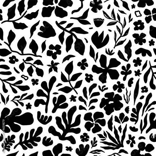 Seamless floral pattern with black botanical silhouettes on a white background. Elegant hand drawn flowers and leaves for textile, wallpaper, packaging, and digital projects. Modern monochrome design