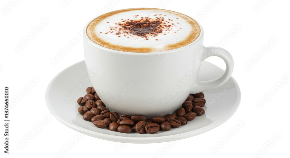 A white cup of cappuccino with foam and cocoa powder and coffee beans on a white plate isolated A white cup of cappuccino with foam and cocoa powder and coffee beans on a white plate isolated