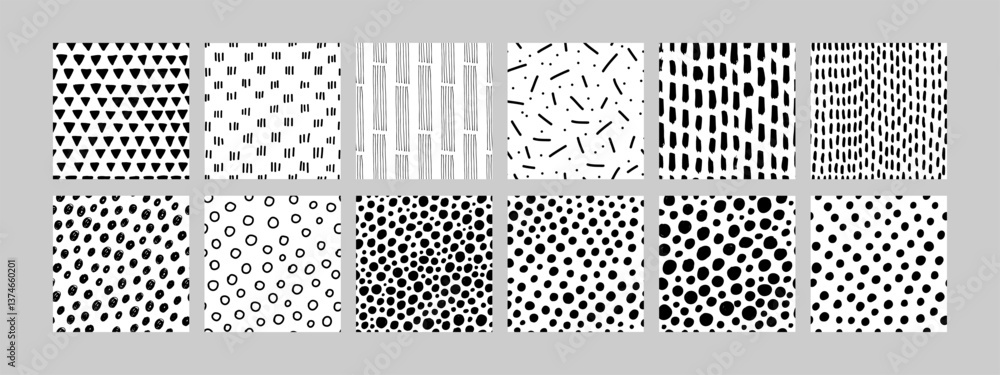 Abstract hand drawn seamless patterns with black and white geometric elements. A versatile set for branding, backgrounds, posters, or textile design. Clean and minimalistic style