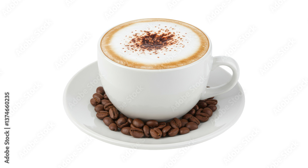 A cup of cappuccino with coffee beans on a white saucer against a black background isolated view A cup of cappuccino with coffee beans on a white saucer against a black background isolated view