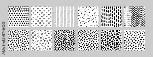 Obraz na płótnie Abstract hand drawn seamless patterns with black and white geometric elements. A versatile set for branding, backgrounds, posters, or textile design. Clean and minimalistic style w salonie