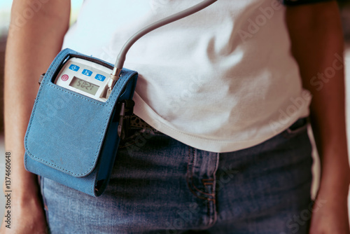 Tableau sur toile Woman wearing BPM for 24-hour blood pressure test, UK
