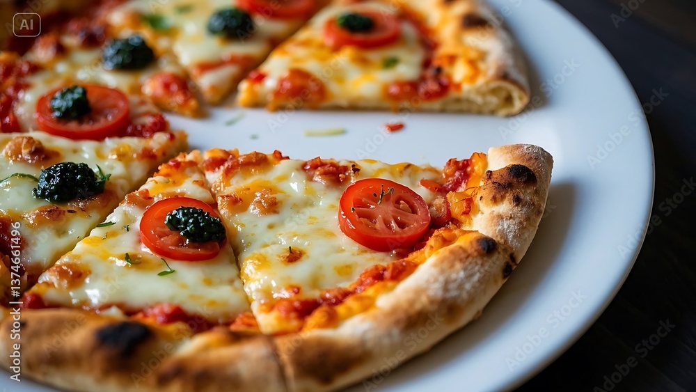 Pizza with salami and tomatoes, with a glass of beer and pizza slice nearby Pizza with salami and tomatoes, with a glass of beer and pizza slice nearby