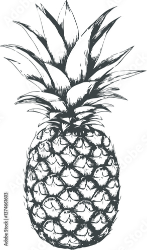 Detailed black and white pineapple illustration sketch with bold outlines. Vector illustration