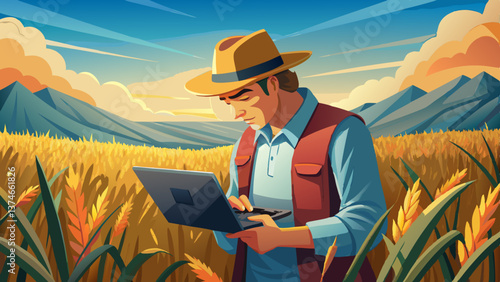 clos up Farmer in field of grass, inspecting crops with laptop. Bridger, Montana, USA