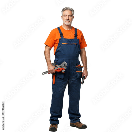 Mature Male Worker with Wrench in Overalls. clipart isolated on transparent background