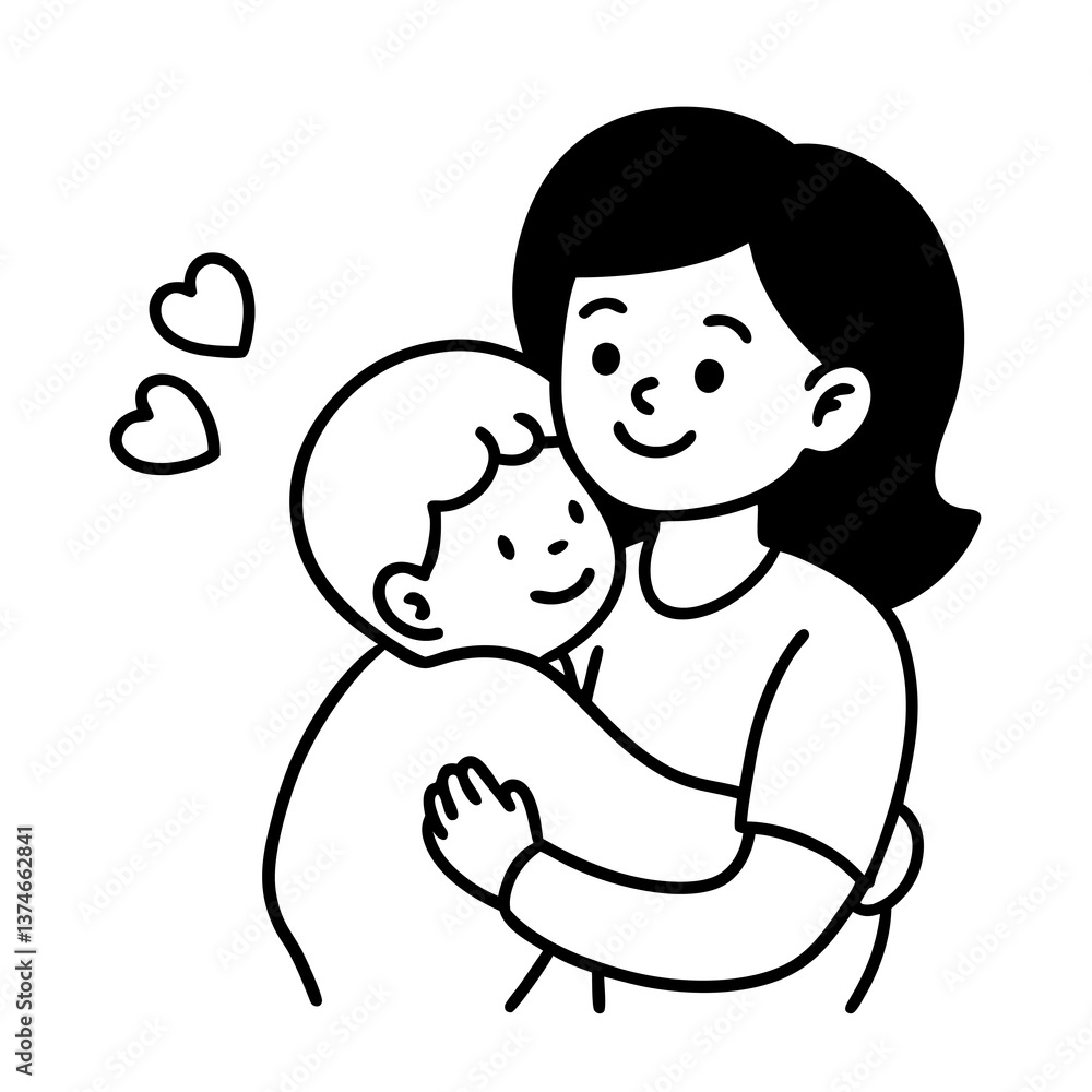 Vector illustration. Mother`s Day Hug. Cute little son hugging mom celebrating Mother`s Day isolated on white background. Vector illustration. Mother`s Day Hug. Cute little son hugging mom celebrating Mother`s Day isolated on white background.