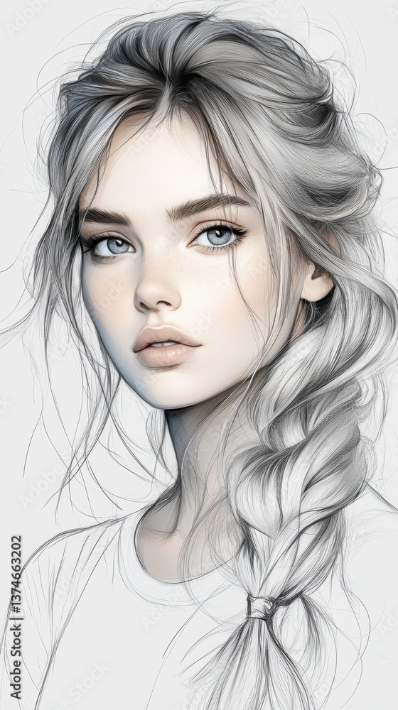 Striking character sketch of a young woman showcasing a clean hairstyle and delicate facial features, emphasizing artistic contour lines and elegant simplicity Striking character sketch of a young woman showcasing a clean hairstyle and delicate facial features, emphasizing artistic contour lines and elegant simplicity