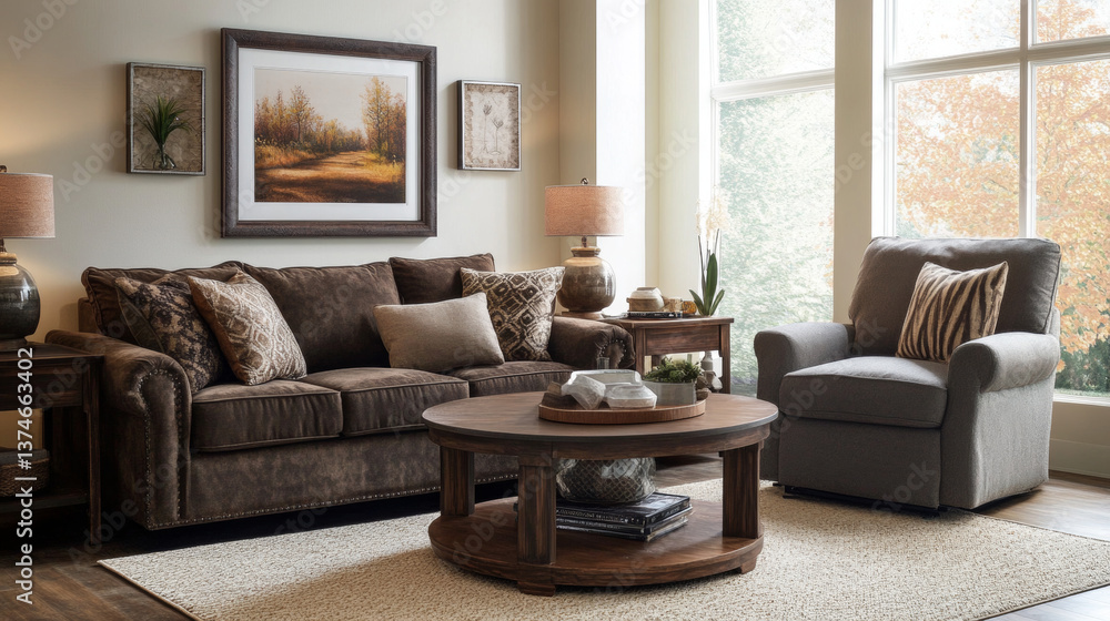 Obraz premium Interior design of cozy living room interior with mock up poster frame, brown sofa, gray armchair, wooden coffee table, beige carpet and personal accessories. Home decor. Template.