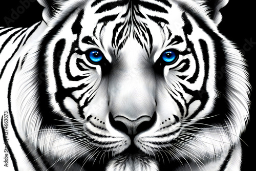 A white tiger with striking blue eyes stands out against a solid black background