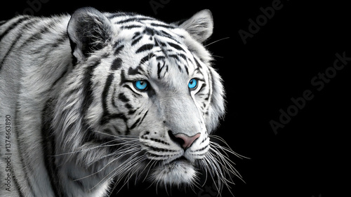 A white tiger with striking blue eyes stands out against a solid black background
