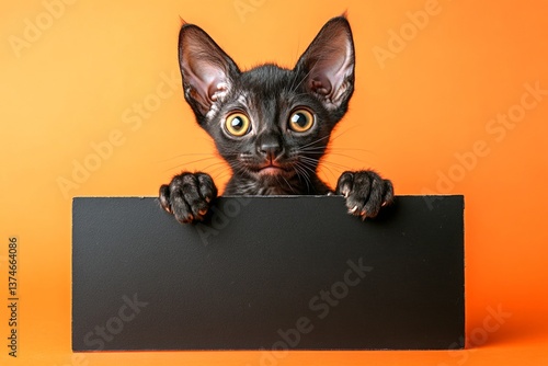 Ð¡ute cat peterbald hold in front paws a wireframe - large dark black avenue sign. Studio background pet. Isolated young cat on a solid clothing bright orange background. Studio pet with sign.