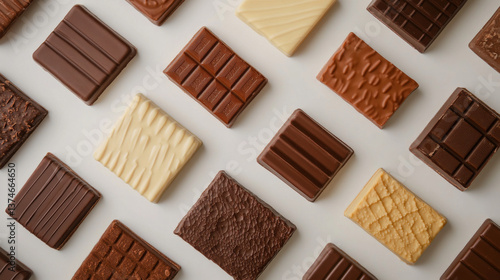 Top view collection of various chocolate bars, showcasing delicious cocoa-based desserts