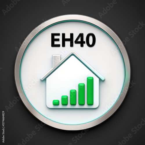 3D Icon of EH40 Energy Efficiency Rating with House Symbol and Green Performance Chart on Dark Background