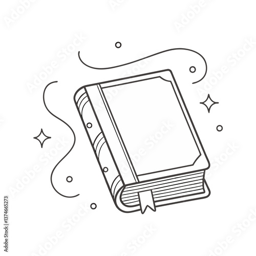 Closed magical book vector with flowing lines, sparkles, and ribbon bookmark in a clean, minimal black-and-white fantasy style.