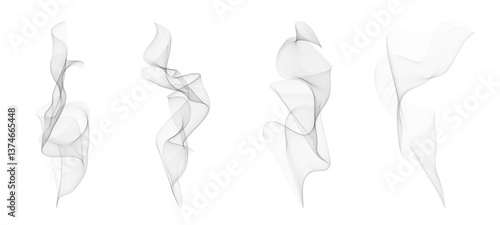 Set of realistic wavy smoke or steam from hot food and drinks. Vector design elements of smog or fog isolated on transparent background. Soft vapor effect for culinary or atmospheric visuals.
