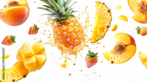 Fruits in the air on a white background