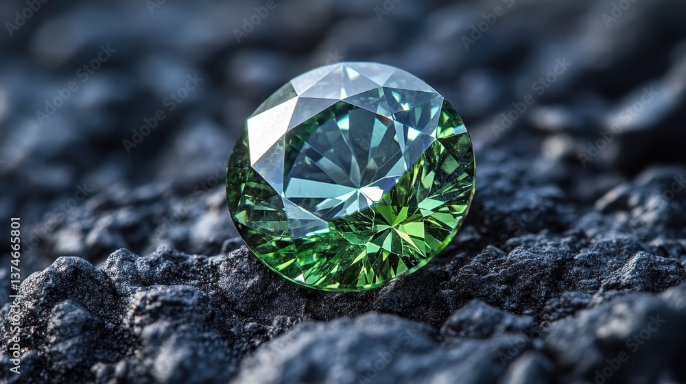 Captivating close-up of a stunning demantoid garnet reflecting vibrant hues against a dark background, showcasing its unique brilliance and intricate facets Captivating close-up of a stunning demantoid garnet reflecting vibrant hues against a dark background, showcasing its unique brilliance and intricate facets
