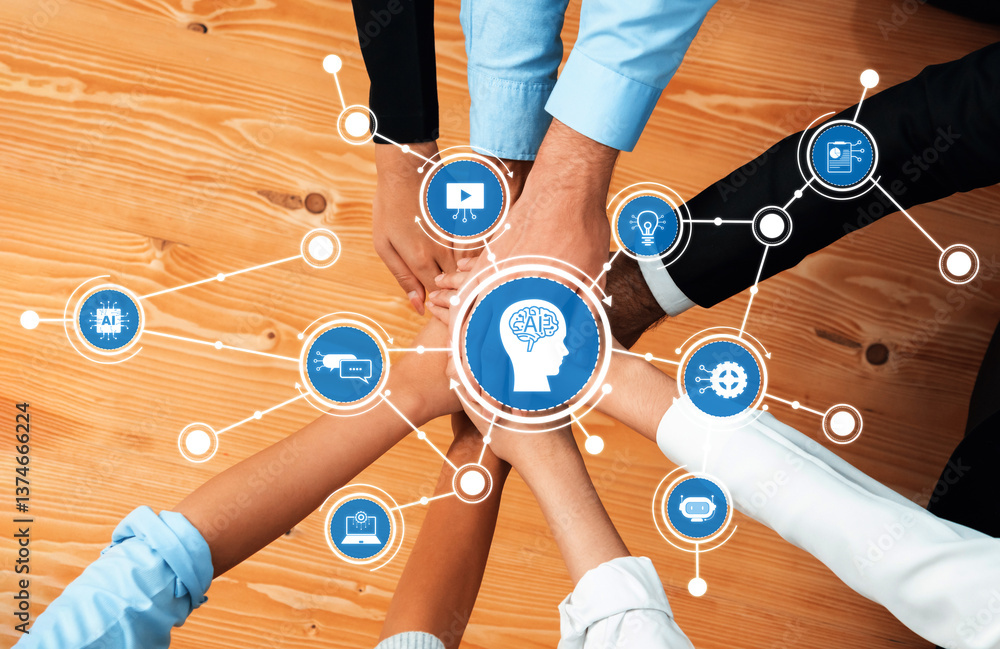 A vibrant meeting scene showcasing hands joining together around AI and technology icons on a wooden surface, symbolizing collaboration, innovation, and teamwork in a professional context. Amity