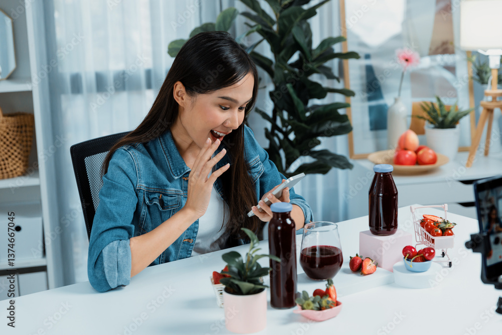 Smiling young beautiful Asian reviewing tasty mixed strawberry and cherry juice detox drinks, showing healthy product to promote for special promotion selling on social media online record. Stratagem. Smiling young beautiful Asian reviewing tasty mixed strawberry and cherry juice detox drinks, showing healthy product to promote for special promotion selling on social media online record. Stratagem.