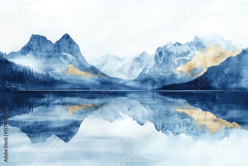 Serene watercolor landscape depicting majestic mountains reflected in a tranquil lake, adorned with subtle gold accents.