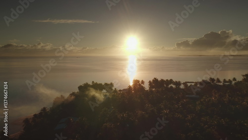 Golden sunrise over tranquil ocean waters of tropical island, warm glow on lush palm trees vegetation, breathtaking scene of natural beauty and serenity. Remote wild nature paradise. Aerial panorama