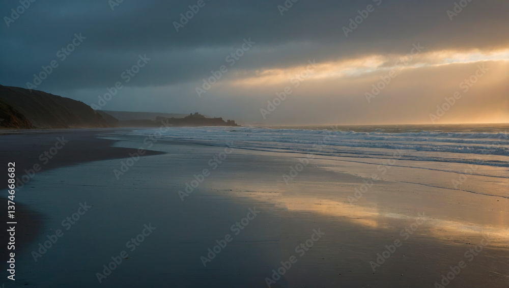 Fototapeta premium Dramatic golden light breaking through storm clouds over a sandy beach