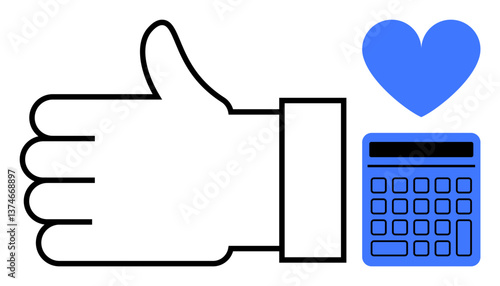 Large thumbs-up hand and blue heart beside calculator representing positive feedback, financial trust, and love for accuracy. Ideal for finance, approvals, trust, business efficiency, customer