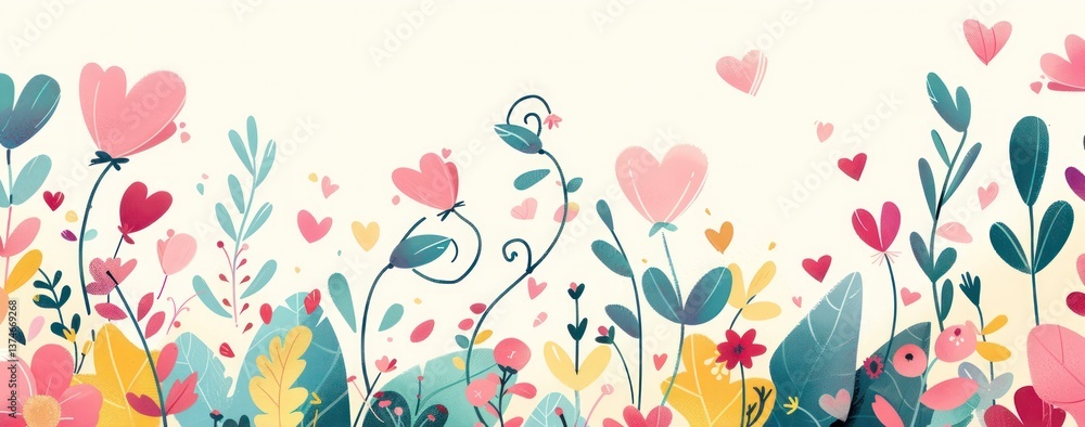 Playful winding path through a stylized garden of pastel flowers and heart-shaped leaves, exploration and adventure. Illustrated in flat design, border leads to a blank white space for writing. Playful winding path through a stylized garden of pastel flowers and heart-shaped leaves, exploration and adventure. Illustrated in flat design, border leads to a blank white space for writing.