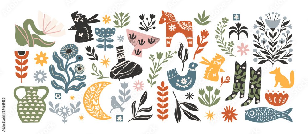 Set Scandinavian stickers, hand drawn vector illustrations with birds, patterns, plants and vases in minimalistic cartoon retro style. Cozy shapes, trendy elements