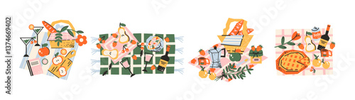  Picnic with food compositions in retro cartoon style. Sandwiches, fruits, drinks, picnic basket, cheese, cookies, outdoor tableware — delicious outdoor feast in trendy retro stickers