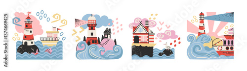 Set sea compositions with lighthouses with ships in cartoon style. Ocean coast, waves, seagulls, starfish, rocks. Vector set of retro doodle hand-drawn stickers.