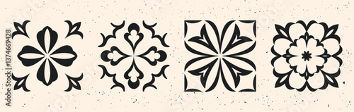  Collection of 4 seamless black and white tile patterns with floral and geometric elements. Classic tile design. Tradition mediterranean style. Portuguese and Spanish decor. Islamic, Arabic, Indian.