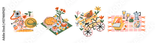 Picnic with food compositions in retro cartoon style. Sandwiches, fruits, drinks, picnic basket, cheese, cookies, outdoor tableware — delicious outdoor feast in trendy retro stickers