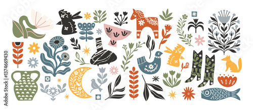 Set Scandinavian stickers, hand drawn vector illustrations with birds, patterns, plants and vases in minimalistic cartoon retro style. Cozy shapes, trendy elements