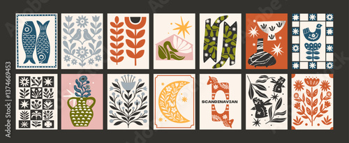 Scandinavian posters in minimalist style. Hand drawn vector illustrations with birds, patterns, plants and vases in cartoon retro style. Wall decor, trendy cozy banners. Decor of wallpaper, prints.