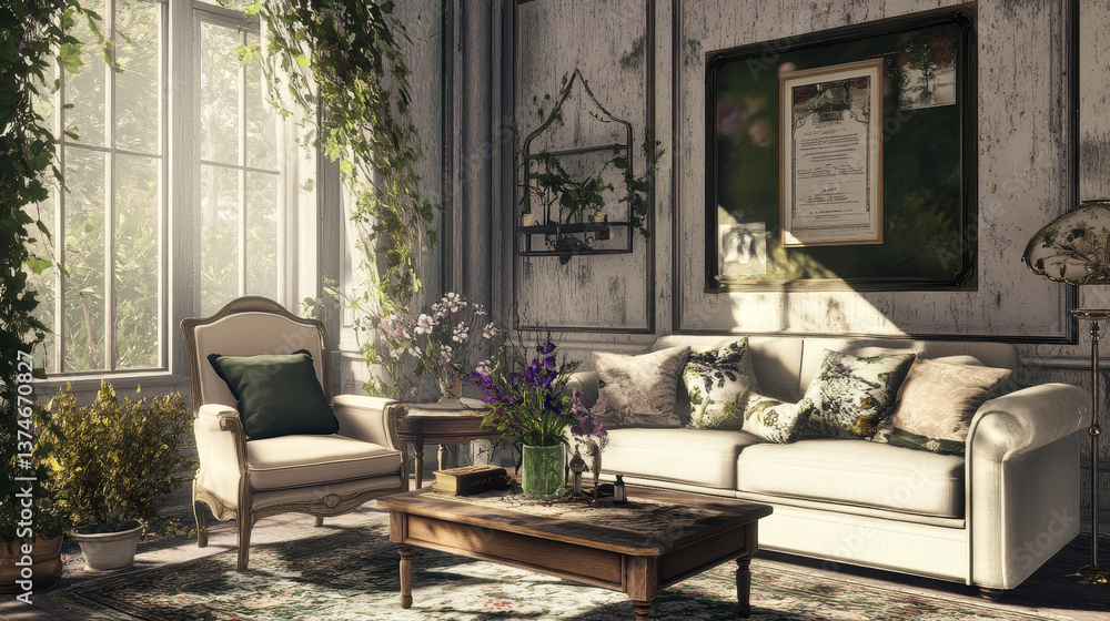 Fototapeta premium Warm and cozy living room interior with mock up poster frame, modern coffee table, modular sofa, oval shapes armchair, vase with dried flowers, pillows and personal accessories. Home decor. Template.