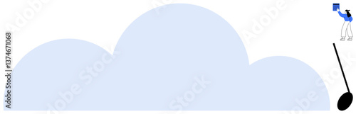 Human character standing on a ladder placing a digital file into a large cloud shape. Ideal for technology, data storage, cloud computing, innovation, internet, organization, flat simple metaphor