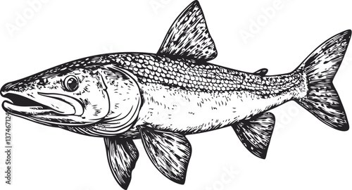 Illustrated fish with scales and fins, black and white, hand drawn etching. Vector illustration