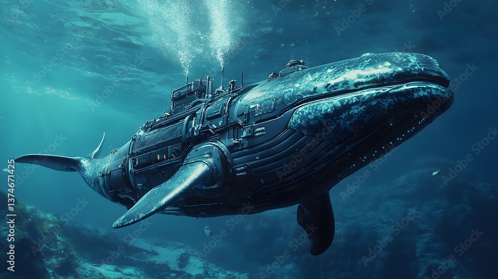Fototapeta premium Whale navigating a futuristic submarine, mapping deep-sea terrains with advanced sonar technology.